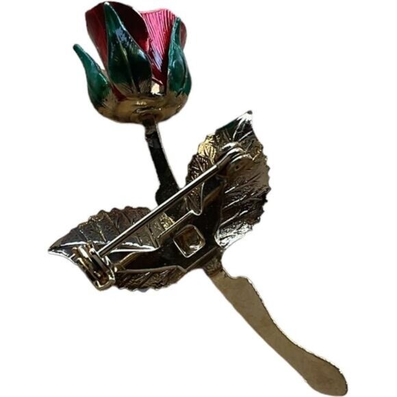 Vintage Metal Painted Red & Green Rose Brooch Pin - Picture 4 of 5
